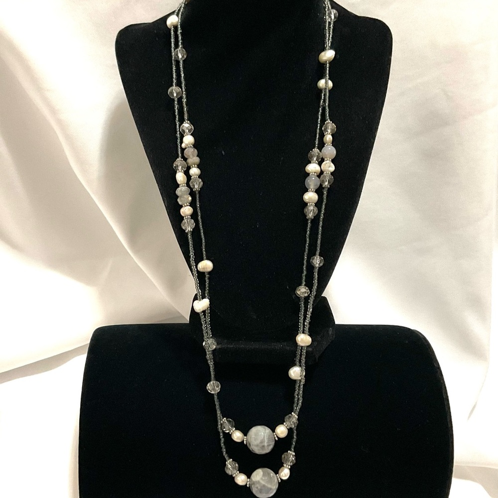 Necklace of Grey Labdorite, Fresh Water Cultured Pearls & Faceted Crystals - Picture 1 of 4